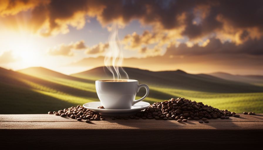 An image showcasing a steaming cup of rich, velvety coffee infused with creamy butter, radiating a golden hue