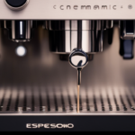 An image showcasing a sleek, stainless steel espresso machine with a state-of-the-art touch screen display, surrounded by a curated assortment of artisanal coffee beans, a tamper, and a milk frothing pitcher