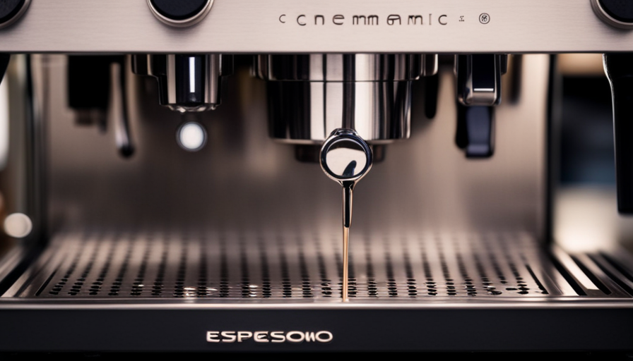 An image showcasing a sleek, stainless steel espresso machine with a state-of-the-art touch screen display, surrounded by a curated assortment of artisanal coffee beans, a tamper, and a milk frothing pitcher