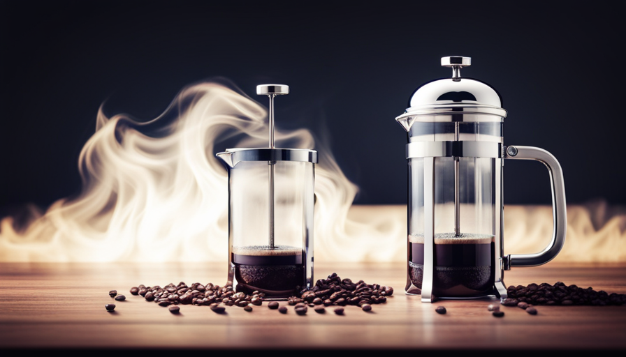 An image showcasing a sleek, stainless steel French press coffee maker, with a plunger halfway pressed down, revealing a rich, aromatic coffee brewing inside, accompanied by a steam rising from the spout