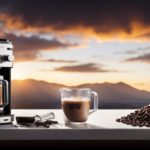 An image showcasing a sleek, stainless steel iced coffee maker on a kitchen counter, surrounded by freshly ground coffee beans, a carafe filled with ice, and a steamy glass of perfectly brewed iced coffee