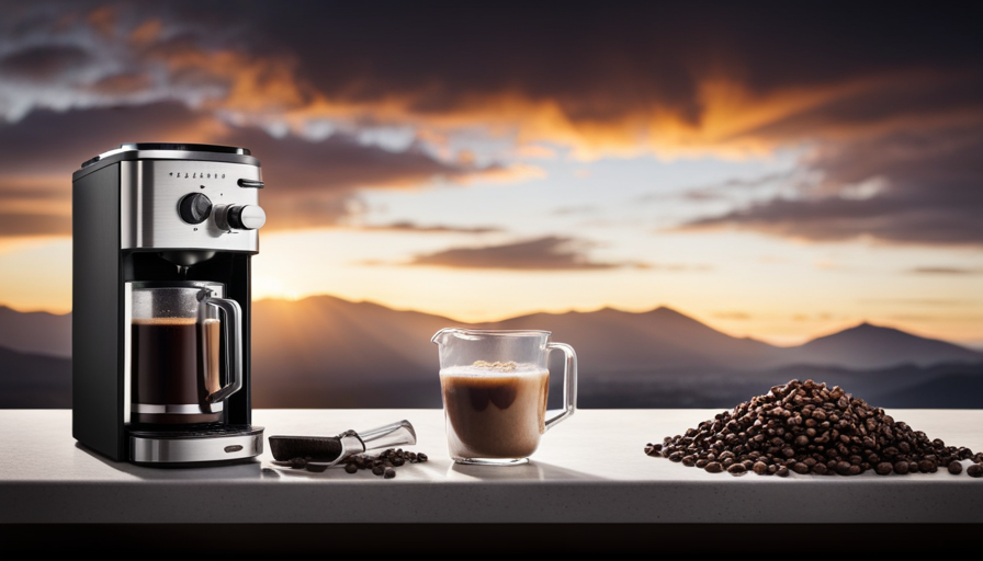 An image showcasing a sleek, stainless steel iced coffee maker on a kitchen counter, surrounded by freshly ground coffee beans, a carafe filled with ice, and a steamy glass of perfectly brewed iced coffee