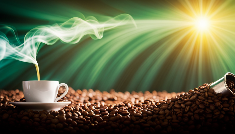 An image depicting a vibrant, electrifying scene with a steaming cup of robust coffee on one side, surrounded by coffee beans, and a fizzing can of Mountain Dew on the other, amidst a burst of green and yellow energy