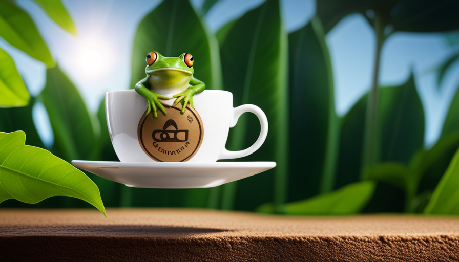 An image showcasing a coffee cup with multiple certifications embedded on its surface - an organic leaf, a fair trade label, and a rainforest alliance frog logo