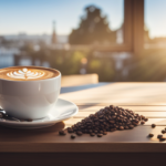 E the essence of a perfect morning ritual with a captivating image of a porcelain cup brimming with velvety smooth flat white coffee, crowned by delicate latte art, as sunlight gently filters through a nearby window