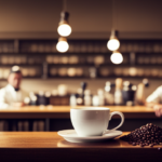 An image that captures the essence of the enchanting coffee world: a cozy café bathed in warm, golden light, where baristas meticulously craft aromatic brews, surrounded by shelves stacked with unique coffee beans from around the globe