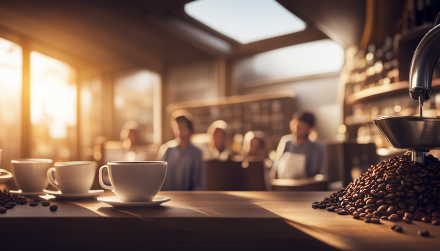 An image that captures the essence of the enchanting coffee world: a cozy café bathed in warm, golden light, where baristas meticulously craft aromatic brews, surrounded by shelves stacked with unique coffee beans from around the globe