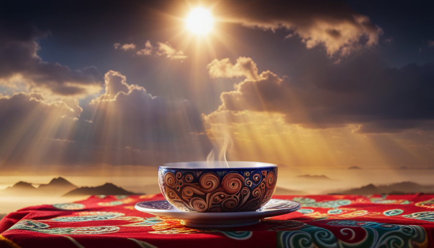the vibrant aromas of Southeast Asian coffee: a porcelain cup brimming with dark, velvety liquid, steam rising lazily into the air