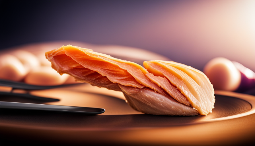 An image showcasing a perfectly cooked chicken breast, juicy and tender, sliced open to reveal its internal temperature