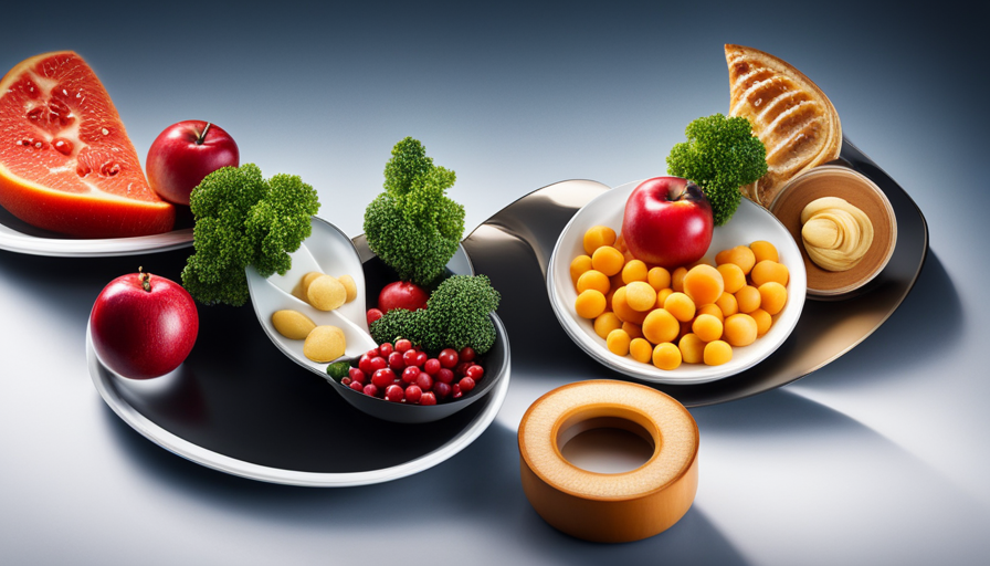 An image showcasing a vibrant plate divided into three sections: breakfast, lunch, and dinner