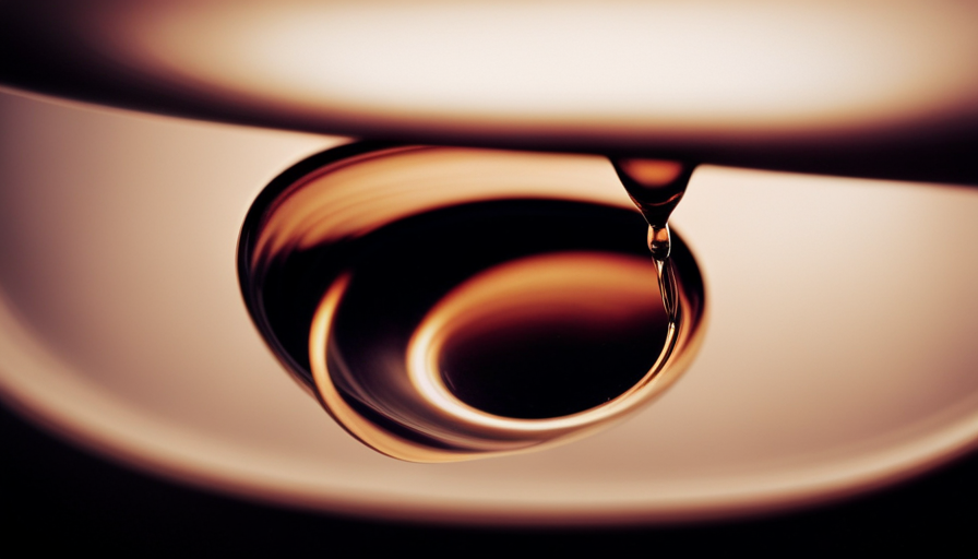 An image capturing the intense energy of dripped eye coffee: a vibrant close-up of a suspended coffee droplet mid-drip, surrounded by swirling ripples of rich brown hues, emanating a hypnotic buzz