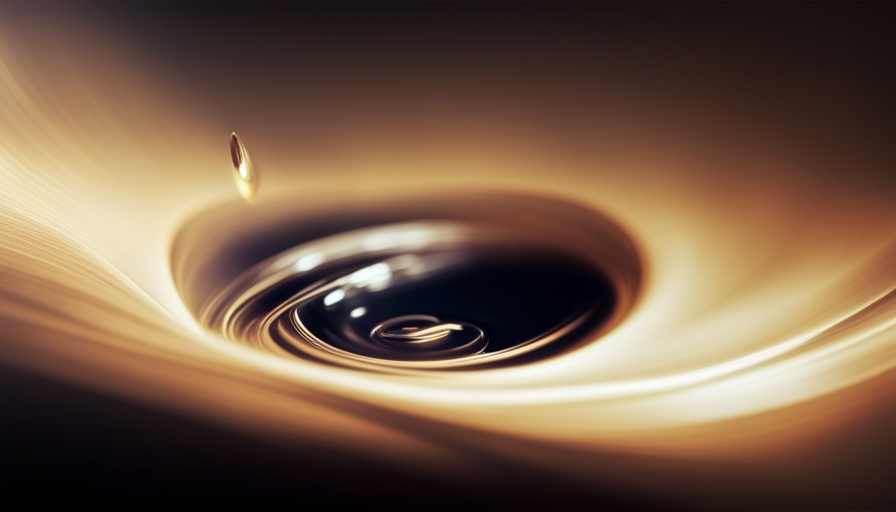An image capturing the intense energy of dripped eye coffee: a vibrant close-up of a suspended coffee droplet mid-drip, surrounded by swirling ripples of rich brown hues, emanating a hypnotic buzz