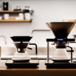 An image showcasing a sleek and modern coffee scale, positioned next to a meticulously arranged pour-over brewing setup
