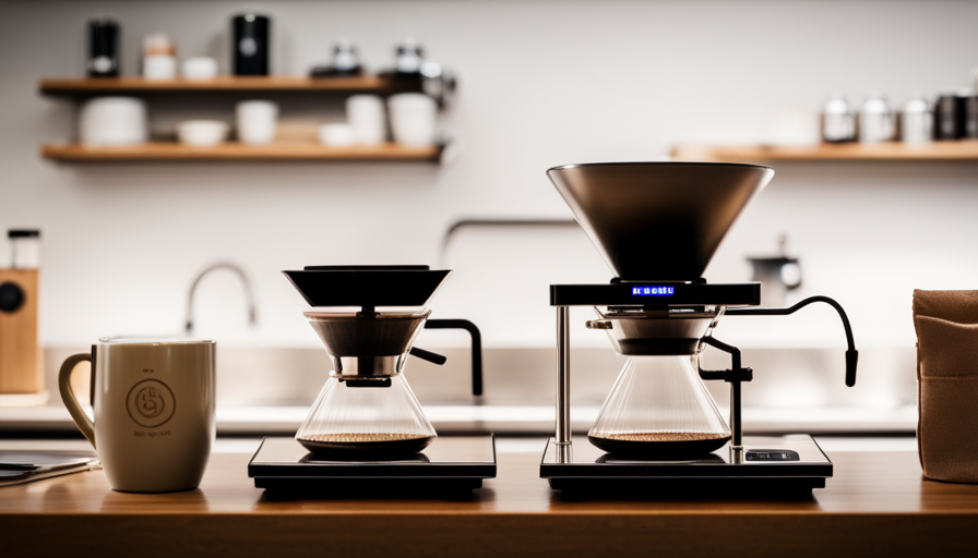 An image showcasing a sleek and modern coffee scale, positioned next to a meticulously arranged pour-over brewing setup