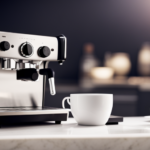 An image showcasing a sleek, stainless steel espresso machine on a pristine kitchen countertop