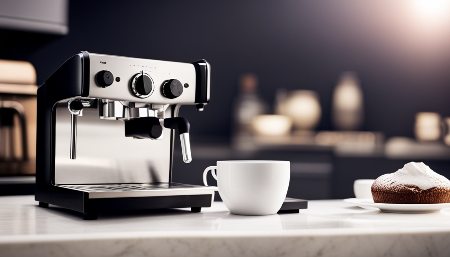 An image showcasing a sleek, stainless steel espresso machine on a pristine kitchen countertop