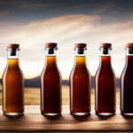 An image showcasing a variety of vibrant coffee syrups in glass bottles, neatly arranged on a rustic wooden countertop