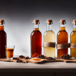 An image showcasing a variety of vibrant coffee syrups in glass bottles, neatly arranged on a rustic wooden countertop