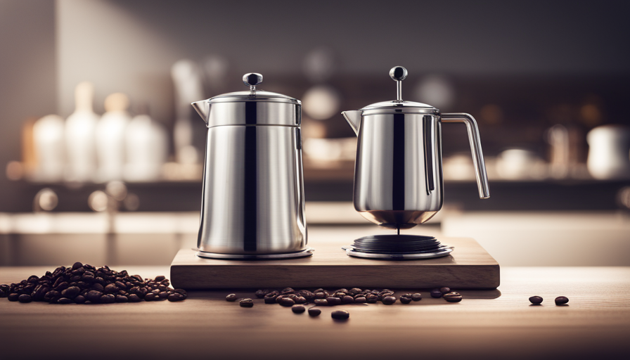 An image showcasing a sleek, stainless steel pour-over coffee maker on a wooden countertop