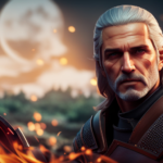An image showcasing a seasoned Witcher 3 character, Geralt, skillfully grilling raw meat on a crackling campfire, surrounded by a lush forest backdrop, evoking the mouthwatering aroma of sizzling delicacies