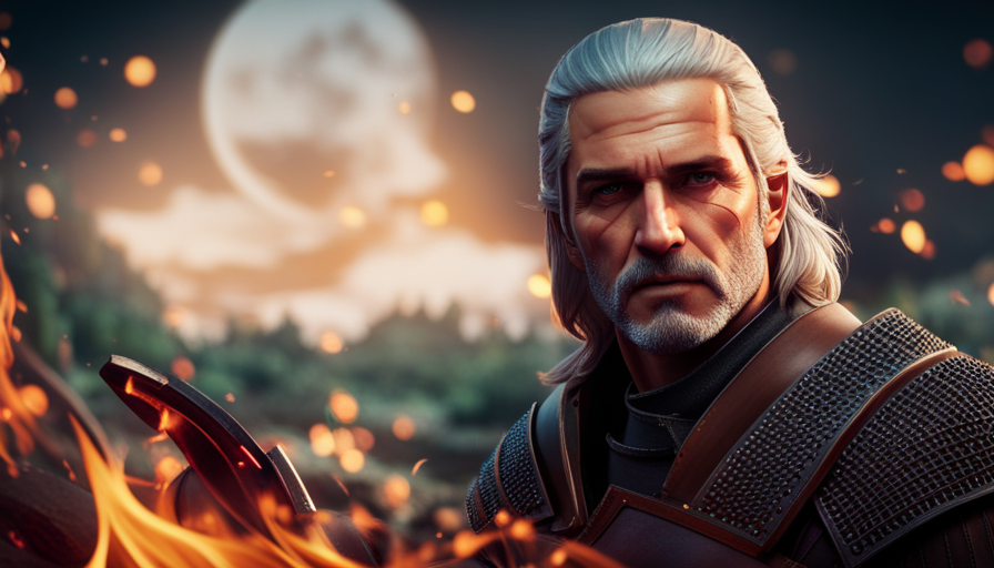 An image showcasing a seasoned Witcher 3 character, Geralt, skillfully grilling raw meat on a crackling campfire, surrounded by a lush forest backdrop, evoking the mouthwatering aroma of sizzling delicacies