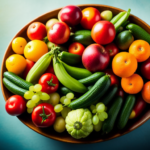 An image that showcases a vibrant, colorful plate filled with an assortment of fresh fruits, vegetables, and leafy greens