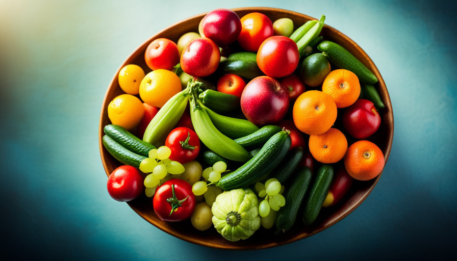 An image that showcases a vibrant, colorful plate filled with an assortment of fresh fruits, vegetables, and leafy greens