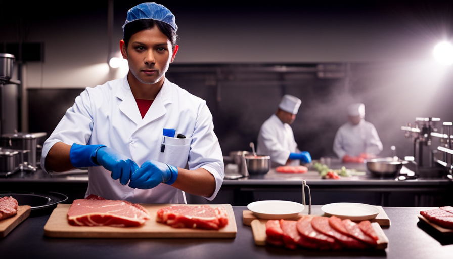 An image showcasing a food handler wearing disposable gloves and using separate cutting boards for raw meat and ready-to-eat food