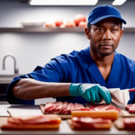 An image showcasing a food handler wearing disposable gloves and using separate cutting boards for raw meat and ready-to-eat food