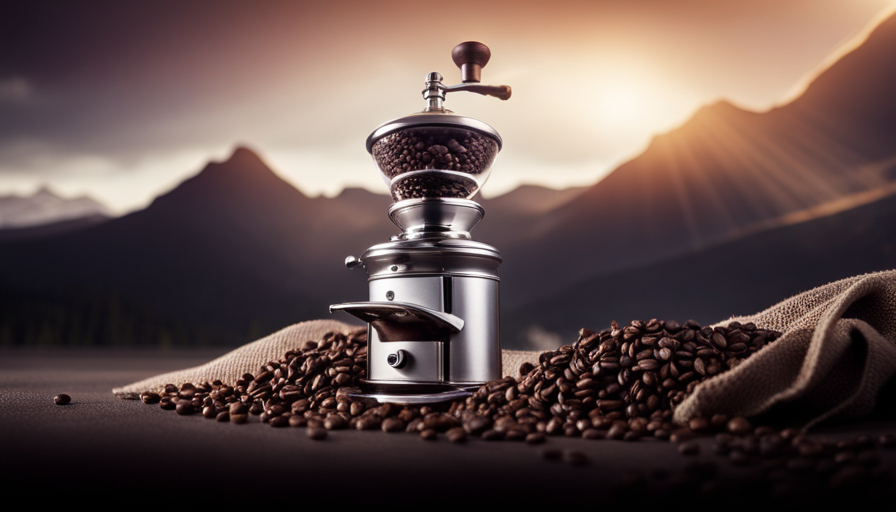 An image depicting a sleek, stainless steel coffee grinder adorned with a precision-cut burr, surrounded by a scattering of freshly ground coffee beans, evoking the essence of top coffee grinders for pour-over brewing