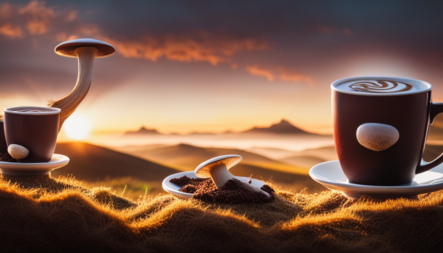 An image showcasing three vibrant coffee cups, each adorned with unique mushroom designs: a sleek Pureshrooms cup featuring a bold lion's mane, a trendy Youth Effect cup with a vibrant reishi, and an elegant WL Herbal Treasure cup boasting a delicate chaga mushroom