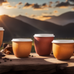An image showcasing three vibrant coffee cups, each adorned with unique mushroom designs: a sleek Pureshrooms cup featuring a bold lion's mane, a trendy Youth Effect cup with a vibrant reishi, and an elegant WL Herbal Treasure cup boasting a delicate chaga mushroom