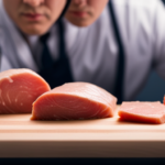 An image showcasing two contrasting food safety rules for cooking raw chicken: one illustrating the proper use of a separate cutting board for raw meat, and the other demonstrating the correct temperature for thorough cooking
