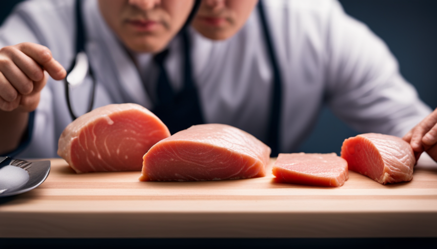 An image showcasing two contrasting food safety rules for cooking raw chicken: one illustrating the proper use of a separate cutting board for raw meat, and the other demonstrating the correct temperature for thorough cooking
