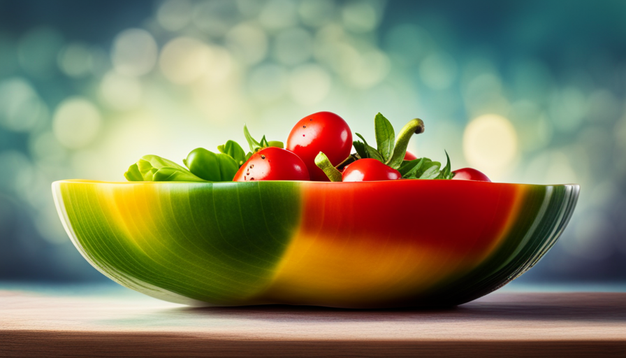 An image showcasing a vibrant, rainbow-colored salad bowl brimming with crisp lettuce leaves, juicy cherry tomatoes, crunchy bell peppers, creamy avocado slices, and a sprinkle of nutrient-rich seeds