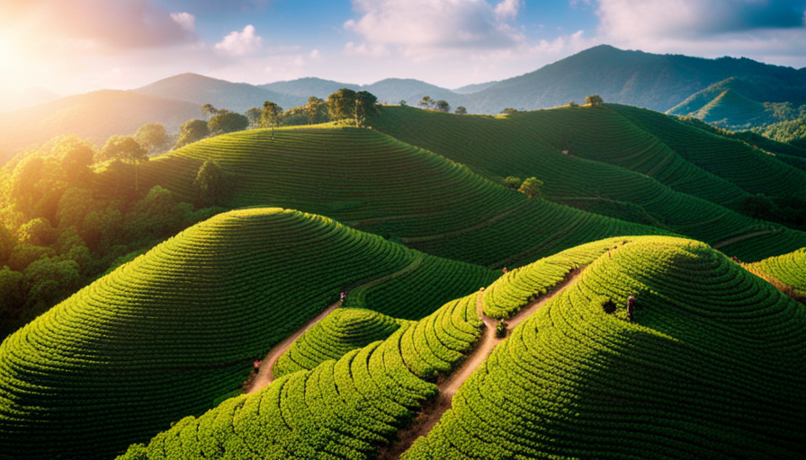 an aerial view of a lush coffee plantation nestled amid rolling hills, dotted with neatly arranged coffee trees bearing ripe, crimson cherries