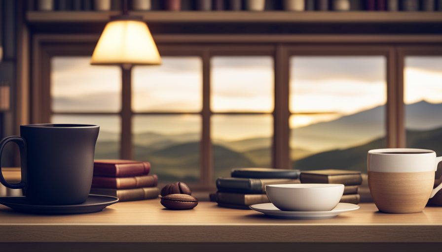 An image showcasing a cozy coffee corner, adorned with a variety of coffee-themed books