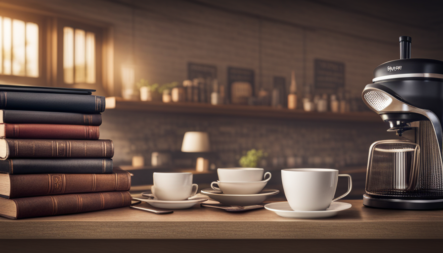 An image showcasing a cozy coffee corner, adorned with a variety of coffee-themed books