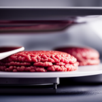 An image showcasing a food saver machine in action, with a close-up view of raw hamburger patties being carefully vacuum-sealed
