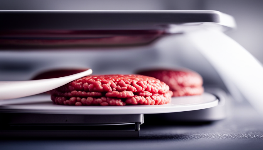 An image showcasing a food saver machine in action, with a close-up view of raw hamburger patties being carefully vacuum-sealed