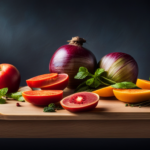 An image showcasing the vibrant colors of freshly sliced fruits and vegetables, elegantly arranged on a wooden cutting board