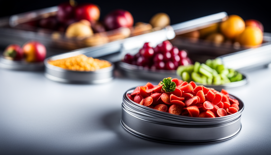 An image showcasing a sleek, stainless steel dehydrator with multiple trays, displaying an assortment of vibrant, nutrient-rich fruits and vegetables in the process of transforming into delicious, raw, and wholesome snacks