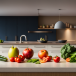 An image showcasing a vibrant kitchen counter filled with an assortment of colorful fruits and vegetables, neatly arranged