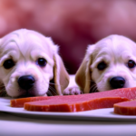 An image showcasing a fluffy puppy with vibrant eyes, surrounded by a variety of raw meats and vegetables, emphasizing the freshness and diversity of a balanced raw food diet suitable for different puppy ages