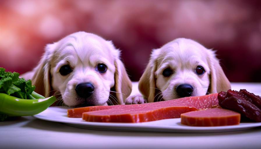 An image showcasing a fluffy puppy with vibrant eyes, surrounded by a variety of raw meats and vegetables, emphasizing the freshness and diversity of a balanced raw food diet suitable for different puppy ages