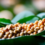 An image showcasing a vibrant assortment of freshly harvested chickpeas, their smooth beige skin contrasting with the lush green leaves surrounding them