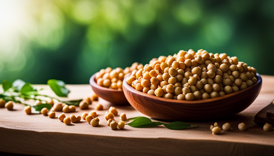 An image showcasing a vibrant assortment of freshly harvested chickpeas, their smooth beige skin contrasting with the lush green leaves surrounding them
