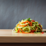  an image showcasing a vibrant bowl of spiralized zucchini noodles, artfully arranged alongside a colorful medley of fresh veggies and herbs