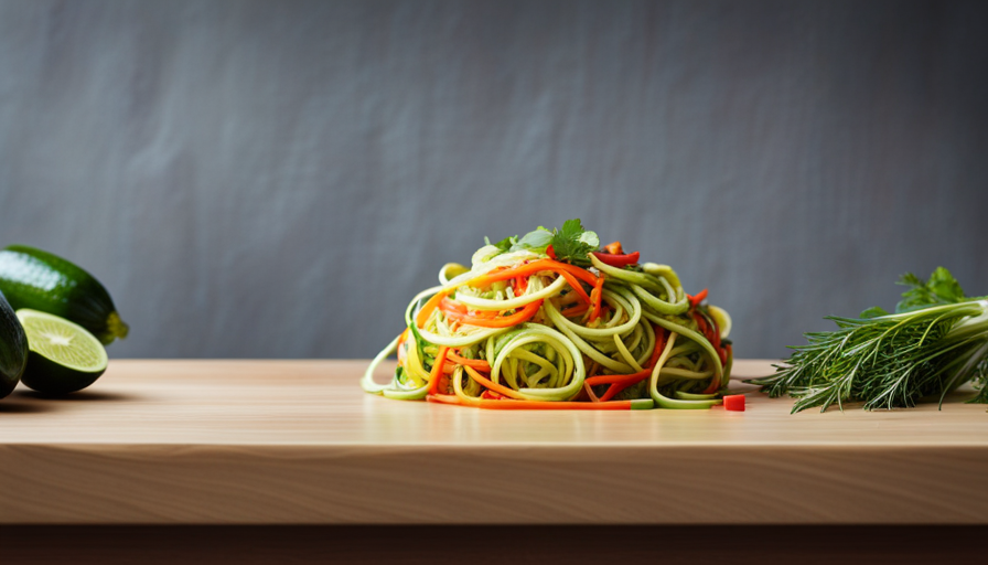 an image showcasing a vibrant bowl of spiralized zucchini noodles, artfully arranged alongside a colorful medley of fresh veggies and herbs