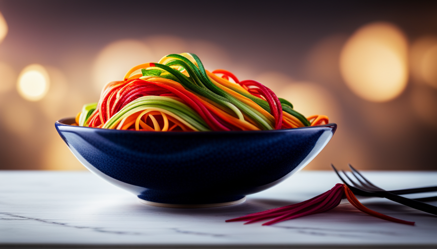 An image showcasing a vibrant bowl filled with colorful, spiralized vegetable noodles, glistening with freshness and natural textures